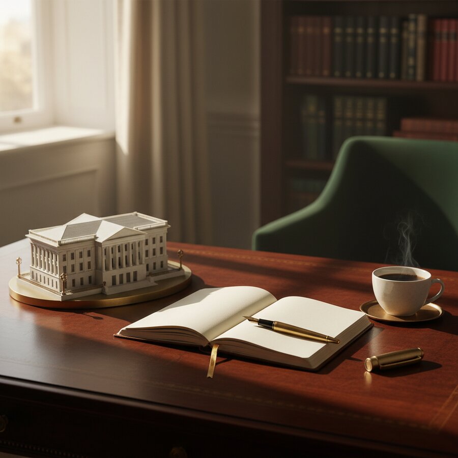A study desk with a notebook and property model in warm light